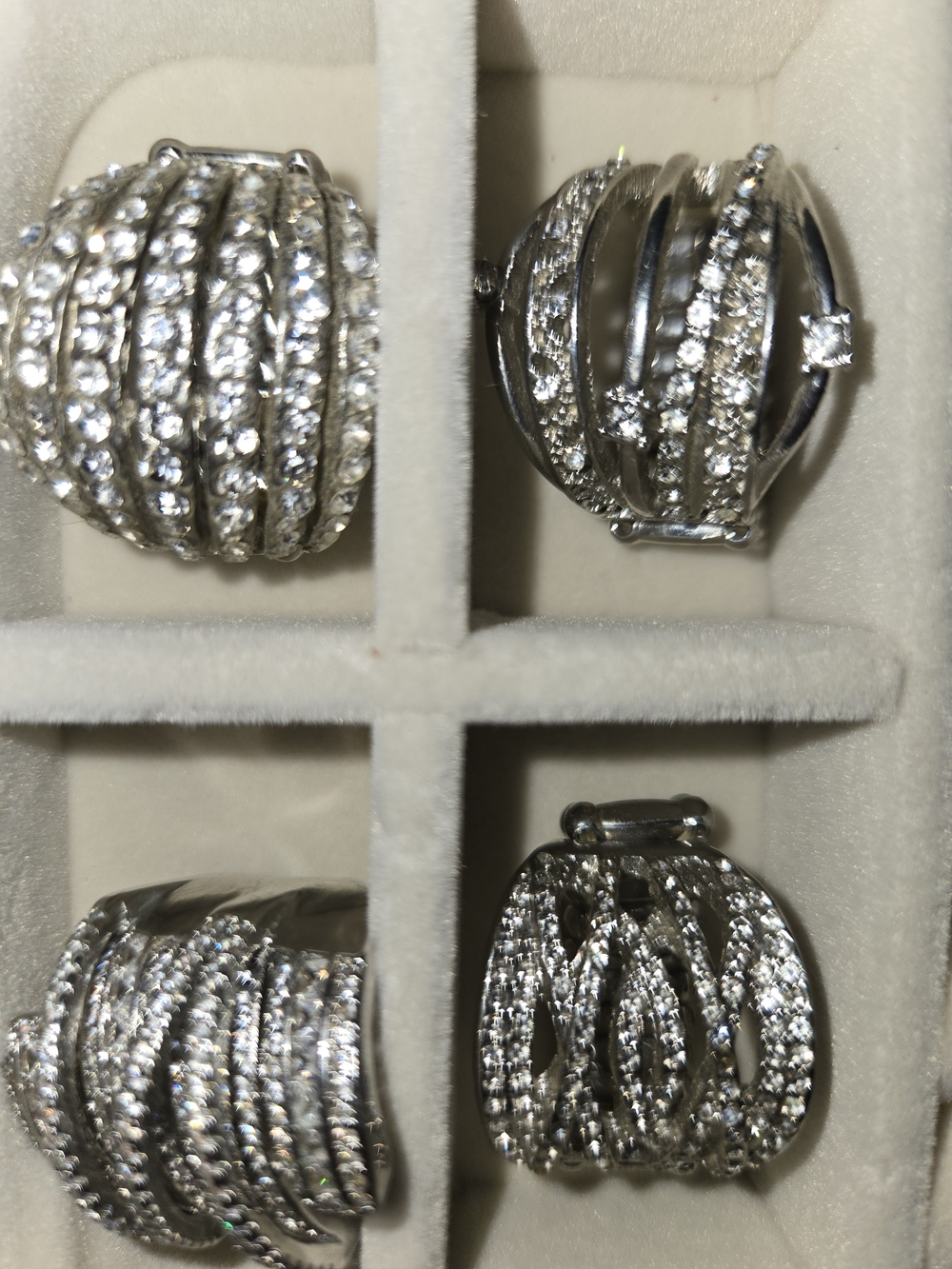Silver Crystal Multi-Row Dome Earrings - Sparkling White Rhinestones